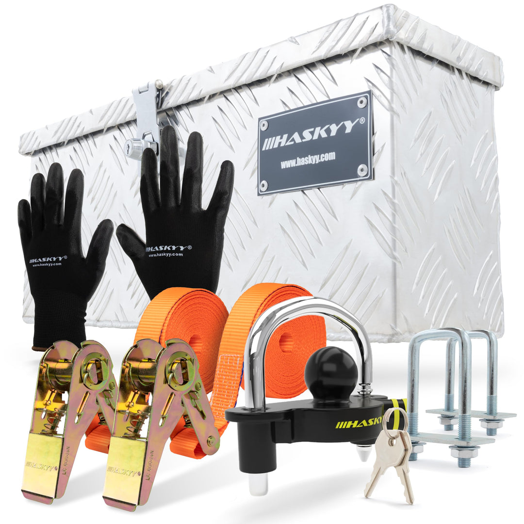 HASKYY Aluminium Box Satz 485x140x200 mm inkl. 2x Spanngurte mit Ratsche 5m*27mm 400-800 daN, Anhäng