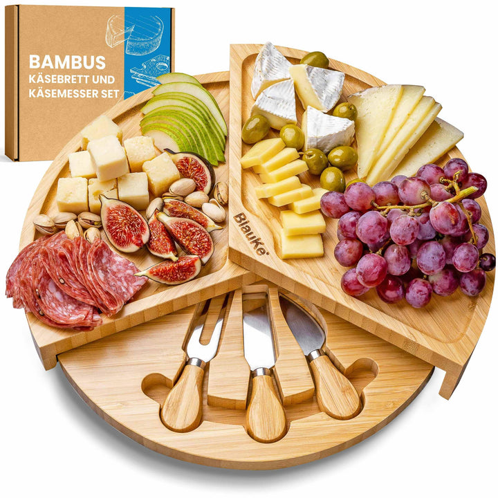 Bambus Käsebrett mit Käsemesser Set – 37cm Rund Servierplatte aus Holz für Käse und Häppchen – Drehp
