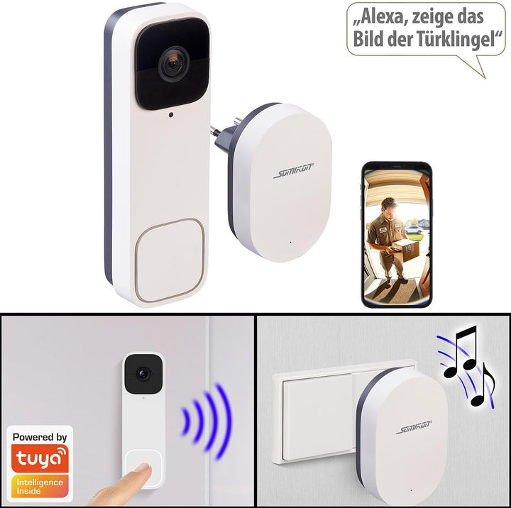 Somikon Türklingel mit Kamera: Kabellose WLAN-2K-Video-Türklingel, 170°, KI-Paket-Erkennung, PIR, Ap