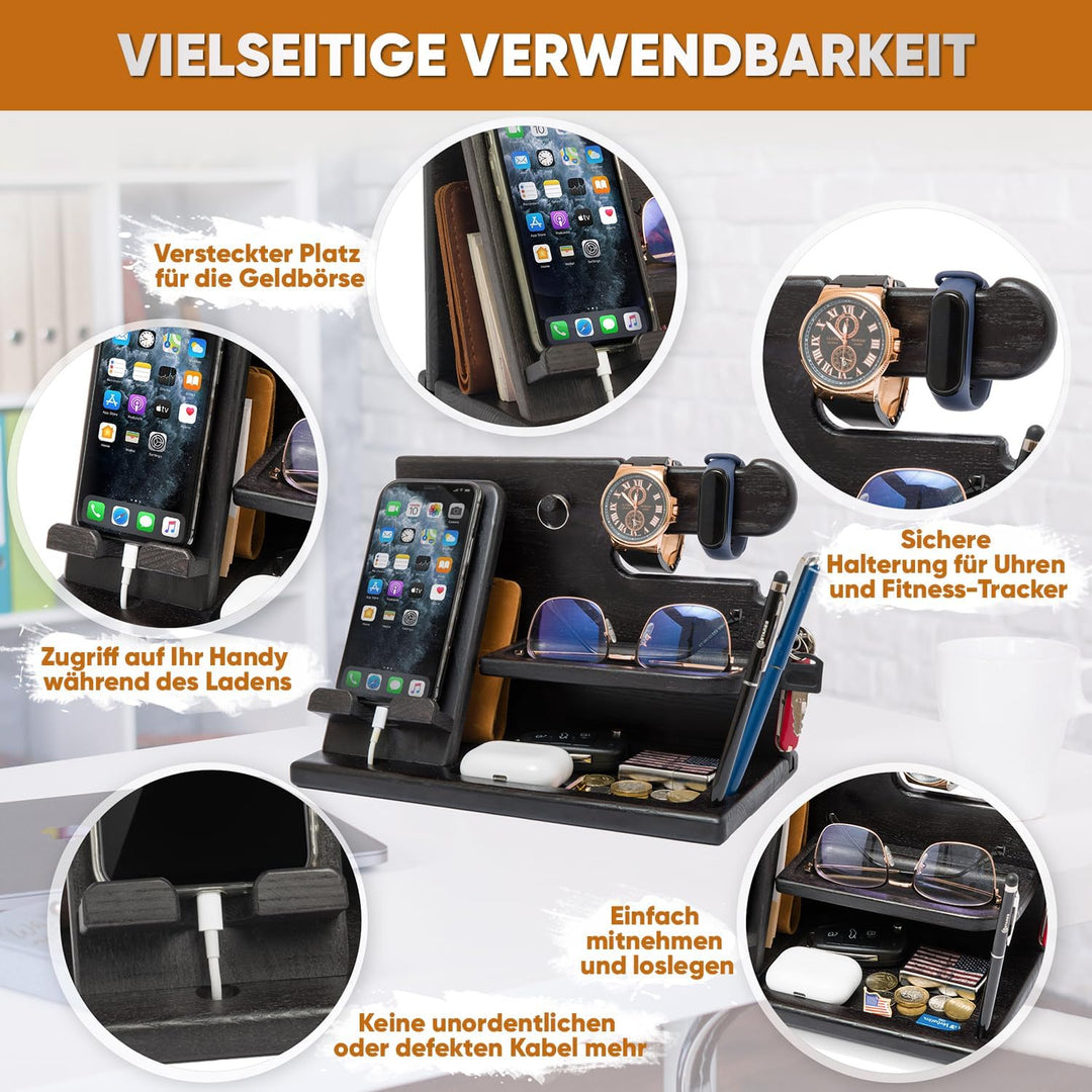 TESLYAR Männer Docking Station & Schreibtisch Organizer Holz mit Handyständer Schwarz für Büro Aufbe