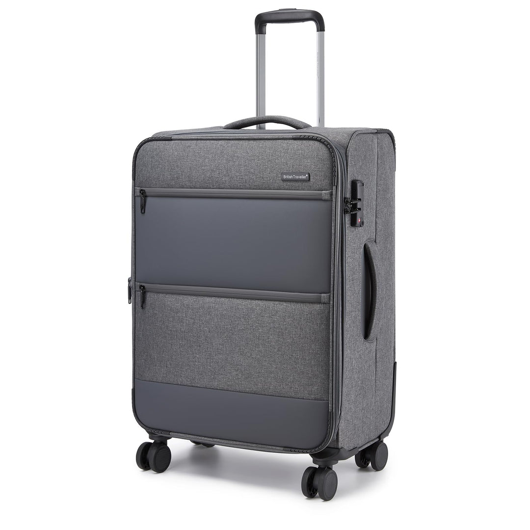 British Traveller Erweiterbarer Mittelgross Koffer, 68L Stoff Reisekoffer mit Volumenerweiterung,4 R