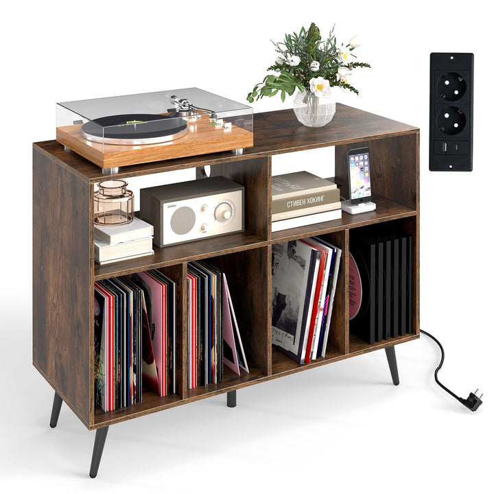 COSTWAY Plattenspielerständer mit Ladestation, Plattenspielerschank mit Vinyl-Aufbewahrungsregalen,