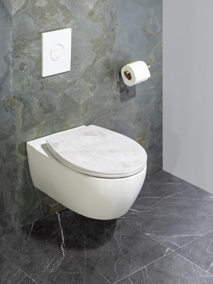 WENKO WC-Sitz White Marble, robuster Toilettensitz aus antibakteriellem Duroplast mit Absenkautomati