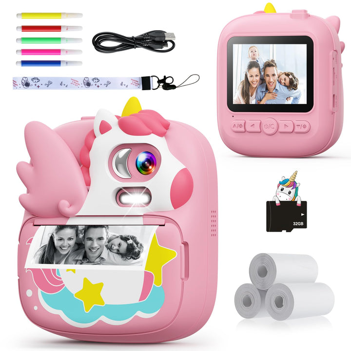 CAMCLID Kinderkamera Sofortbildkamera, 2,4 Zoll Sofortbildkamera Kinder mit 32G TF Karte und Fotopap