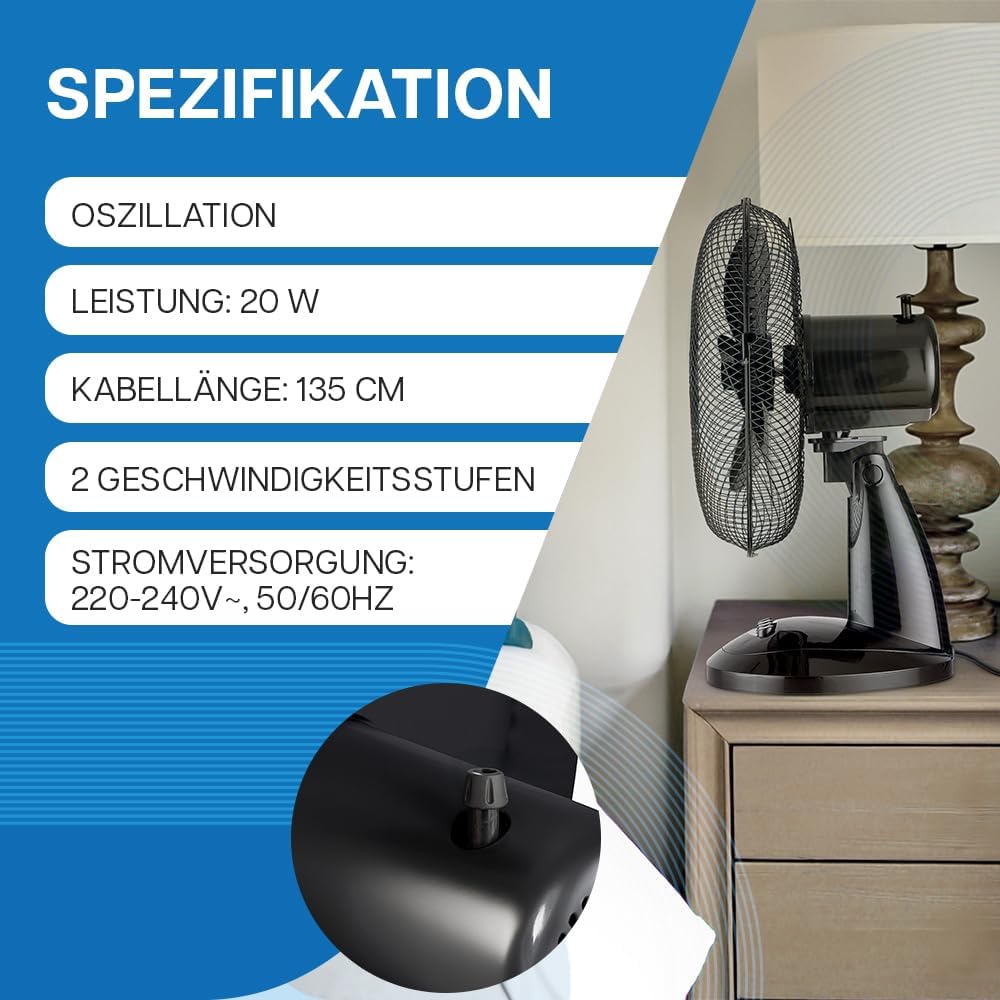 Tischventilator sehr Leise 20W, Ø 28 cm, Ventilator Klein mit Oszillation, 2 Stufen, Höhenverstellba