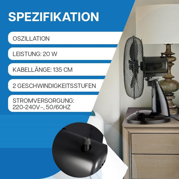 Tischventilator sehr Leise 20W, Ø 28 cm, Ventilator Klein mit Oszillation, 2 Stufen, Höhenverstellba
