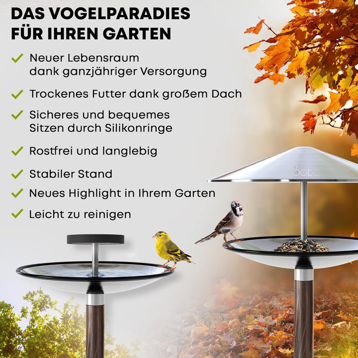 ROODZ Vogelhaus und Vogeltränke 2in1 mit Ständer Wetterfest, aus Rostfreiem Edelstahl, Designer-Voge