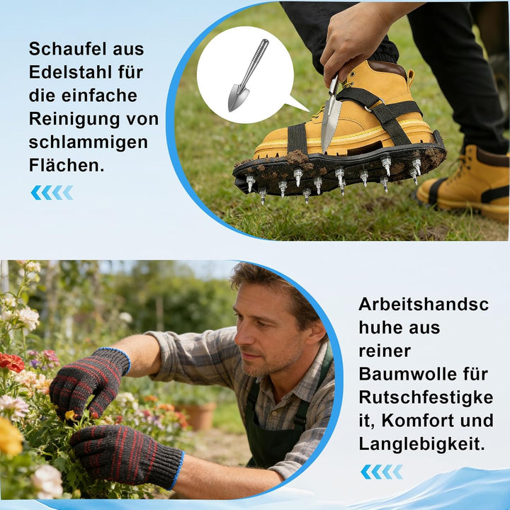 KASURE Rasenlüfter Schuhe,Nagelschuhe Vertikutierer Schuhe mit Schaufel Und Handschuhe，Allgemein Nag