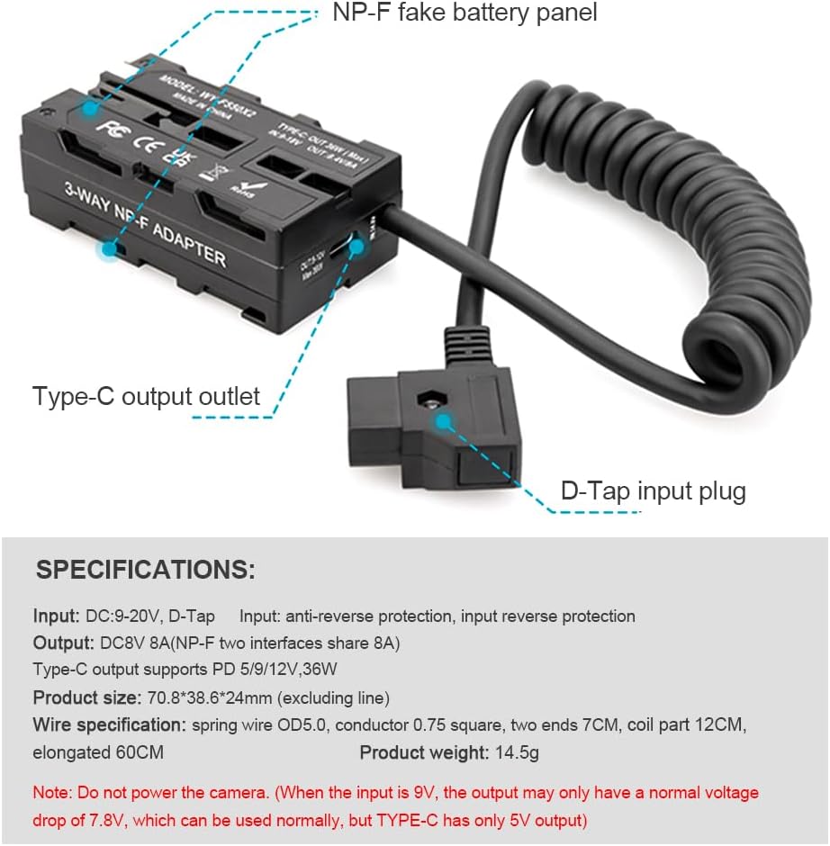 Andoer D-Tap zu doppelseitigem NP-F550 Dummy-Akku, Spiralkabel, DC-Koppler, Zubehör für Monitore/LED