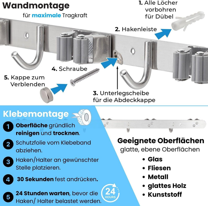 Stahlia Besenhalterung Wand Edelstahl Gerätehalter 4 Haken + 5 Halter gebürstet schraubbar & selbstk