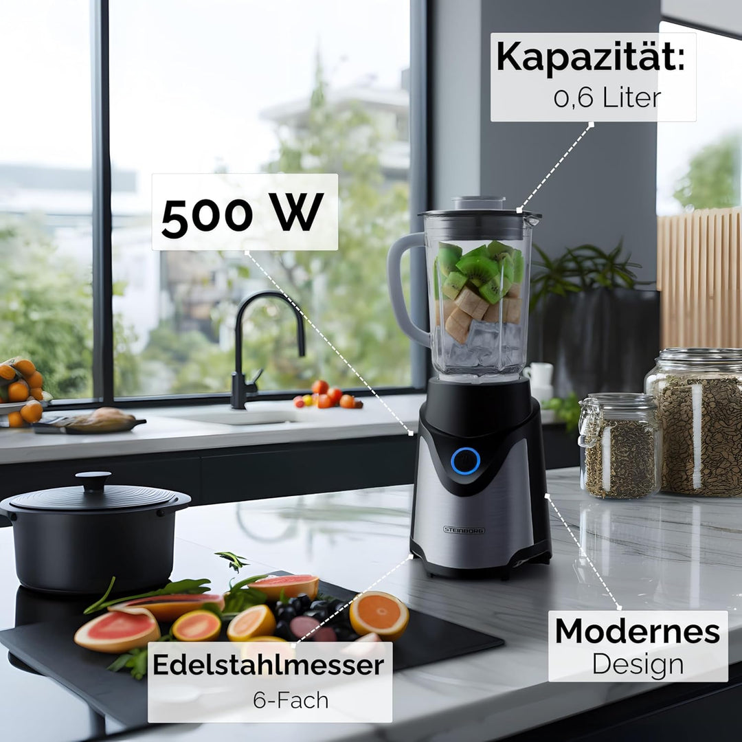 Steinborg® Standmixer mit To-Go Becher Mixer Smoothie Maker 500 Watt 600 ml Glaskrug + 570 ml To-Go