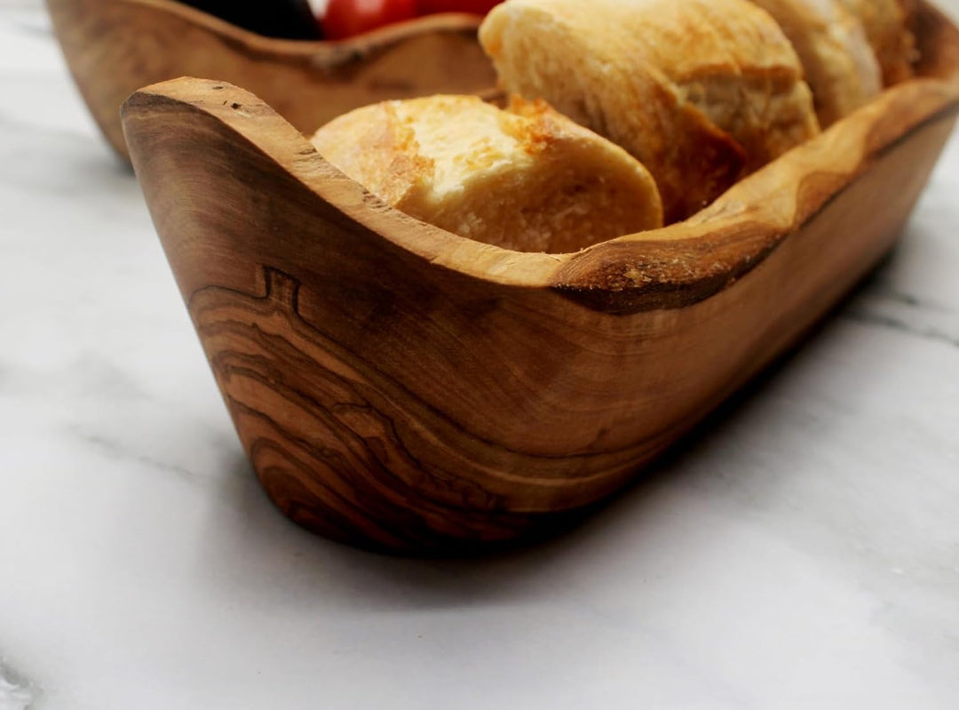 DAGDEG Brotschale aus Olivenholz 30 cm – rustikale Obstschale Holz länglich – Handmade Baguette Scha