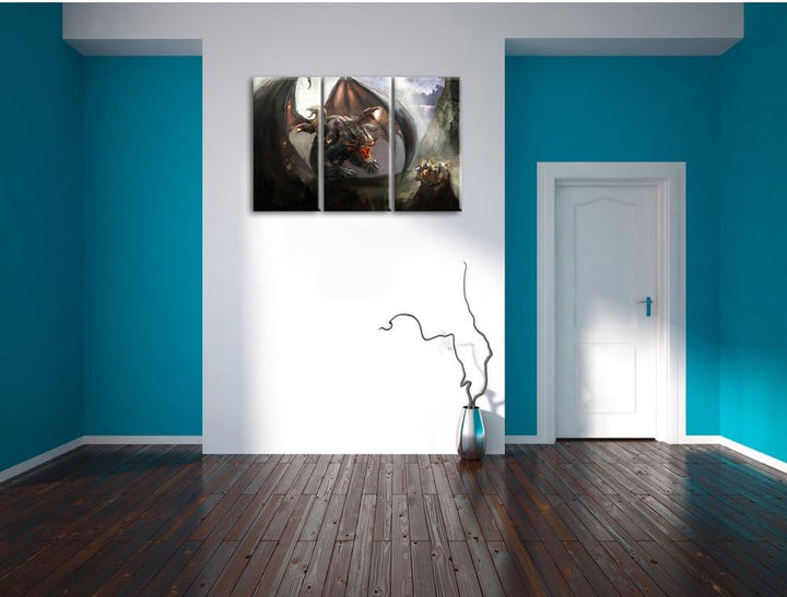 Pixxprint Fantasy Drache 3-Teiler Leinwandbild 120x80 Bild auf Leinwand