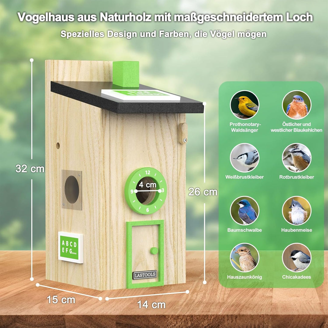 Vogelhaus mit Kamera und Solar Panel - 2K HD Solar Kamera WLAN Outdoor mit Massivholz Nistkasten, Br