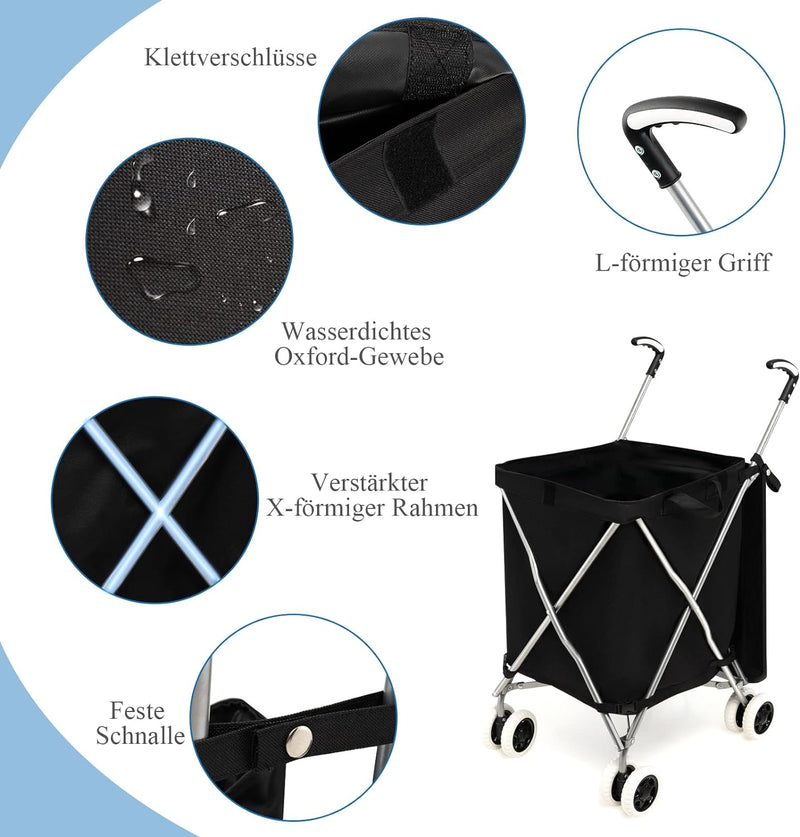 COSTWAY Faltbarer Einkaufstrolley mit Rädern, Kapazität 90 L/55 kg, Handwagen mit Abnehmbarer Oxford