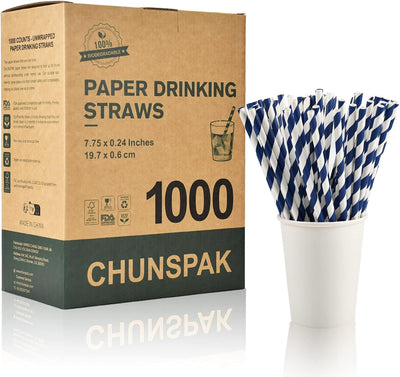 Einweg-Papiertrinkhalme Bulk 1000 Stück, Blau/Weiss gestreift, 19,7x0,6cm - Biologisch abbaubar und