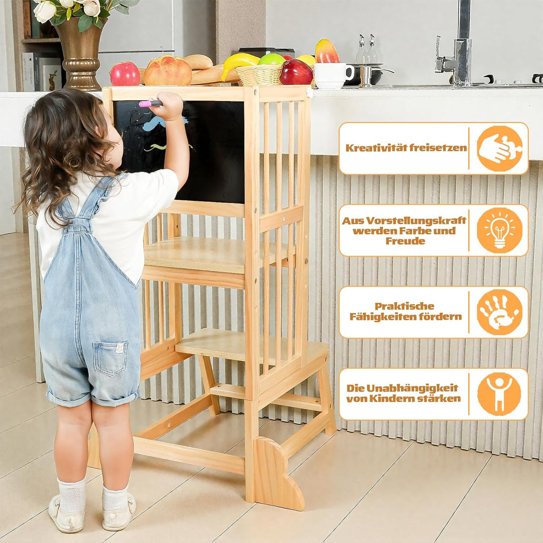 Toddler Tower Kleinkind-Turm, Tritthocker Lernhocker mit Maltafel, Sicherheitszaun & Kippschutz aus