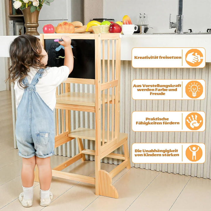 Toddler Tower Kleinkind-Turm, Tritthocker Lernhocker mit Maltafel, Sicherheitszaun & Kippschutz aus