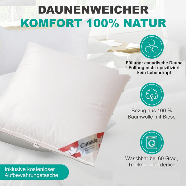 Canada Daunenkissen PLUS Kopfkissen 100 % canada Daune ohne Federnanteil 80x80 cm | 200 Gramm mehr I
