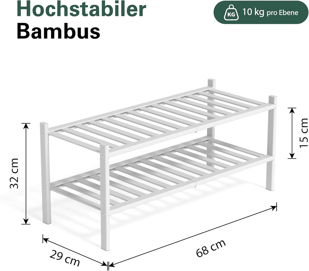 Schuhregal aus Bambus, Schuhablage mit 2 Ebenen, 68 x 28 x 32 cm, Erweiterbar Stapelbar, Schuhschran