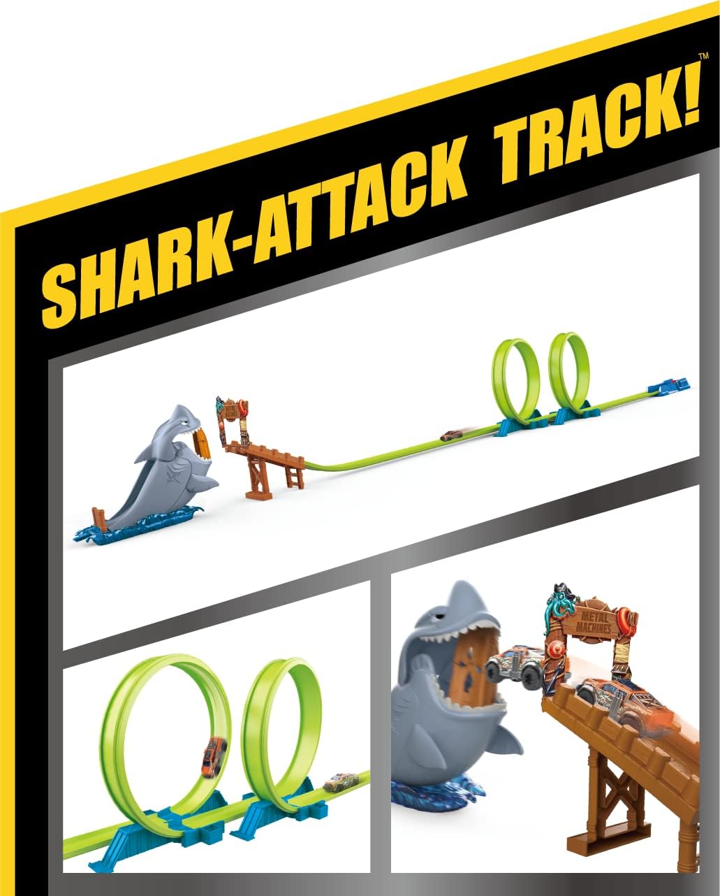 Metal Machines Shark Attack Building Trackset mit Mini-Rennwagen, Diecast Spielset