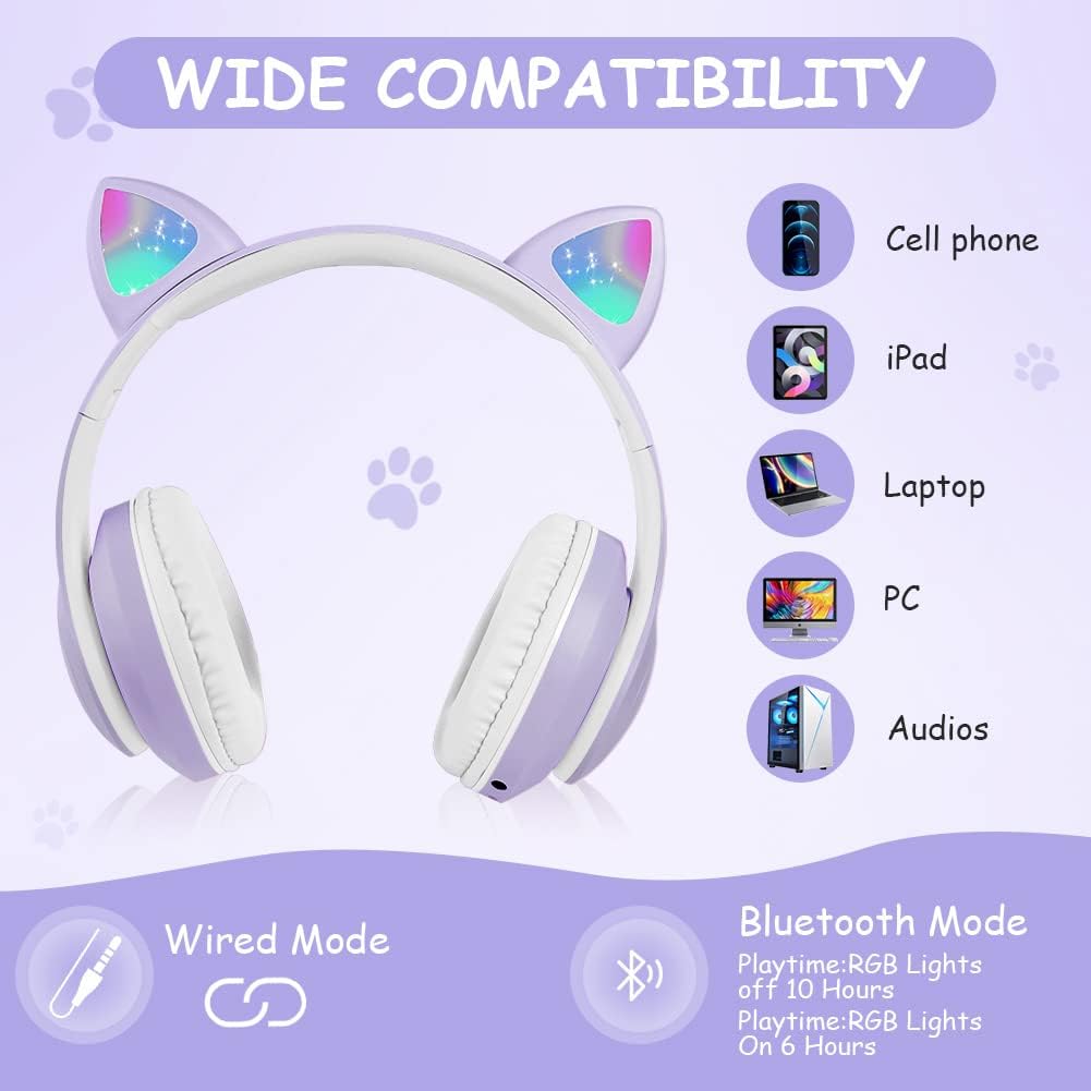 AXFEE Kinderkopfhörer Bluetooth, Katzenohr Over-Ear mit LED-Licht, Faltbar, Stereo, Kabellos mit Mik