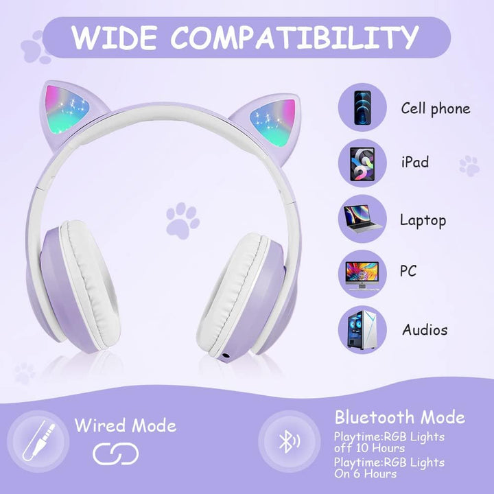 AXFEE Kinderkopfhörer Bluetooth, Katzenohr Over-Ear mit LED-Licht, Faltbar, Stereo, Kabellos mit Mik