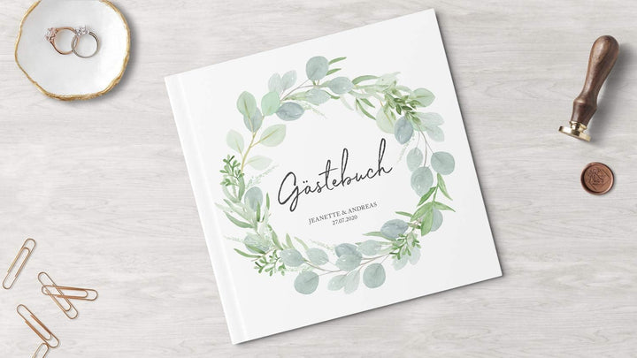 DeinWeddingshop Gästebuch Hochzeit - personalisiert - Hochzeitsgästebuch, Hardcover 21x21 cm (Inhalt
