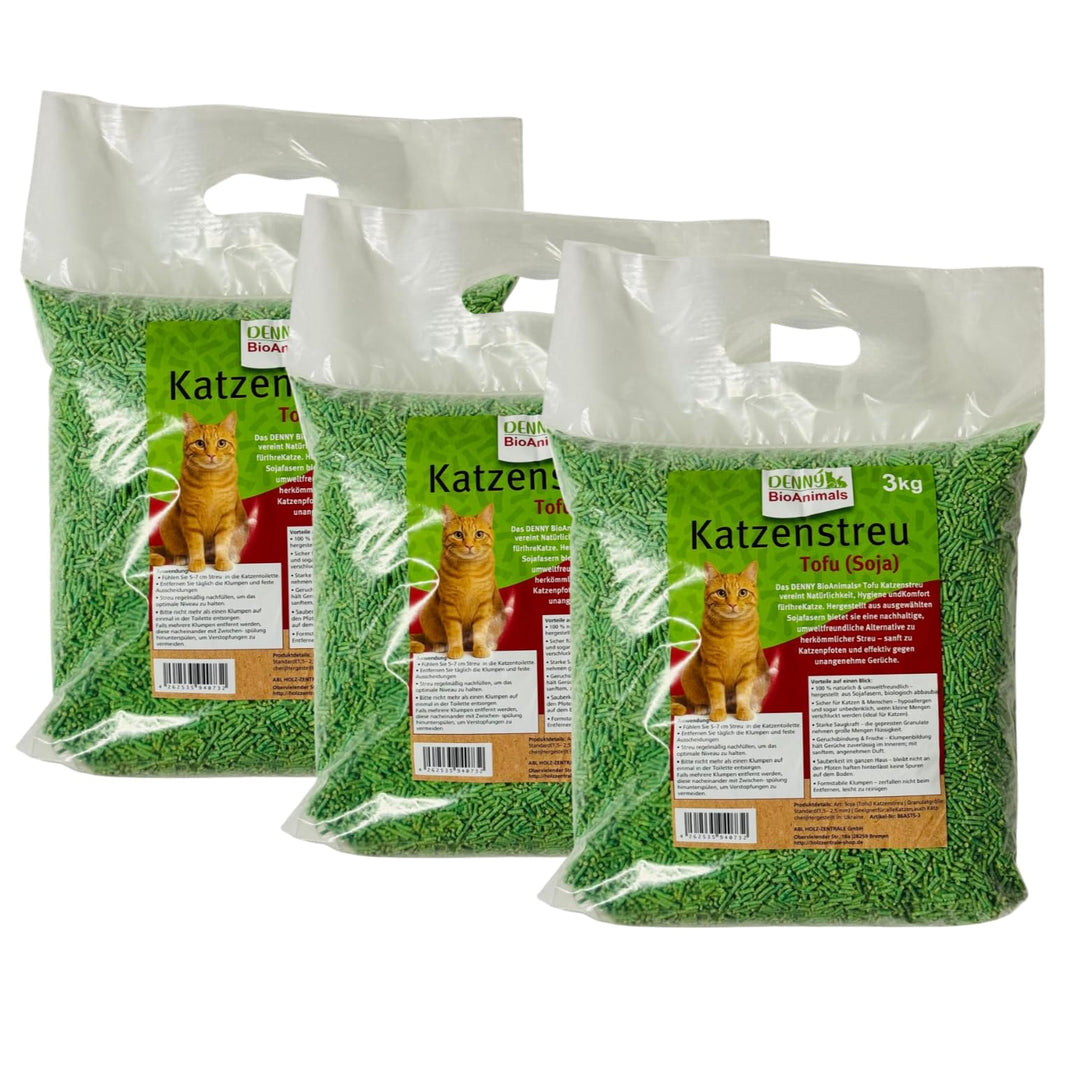 Denny BioAnimals® Tofu Katzenstreu 9 kg/24L (3 Säcke je 3 kg) – Schnell klumpend & staubfrei – 100%