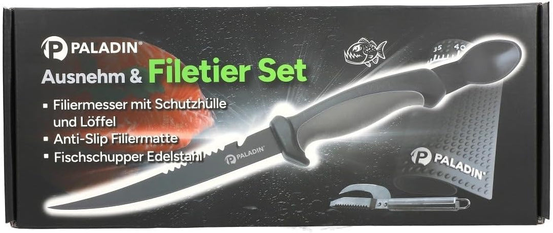 Paladin Ausnehm- und Filetier-Set Filetiermesser mit Auskratzer + Anti-Rutsch Matte + Fischschupper