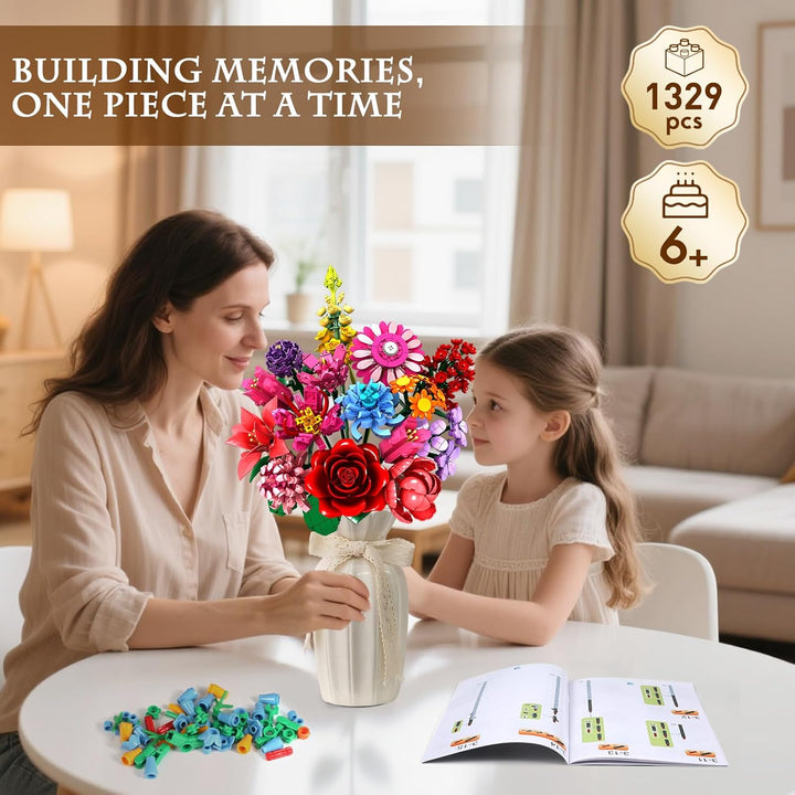 Blumen-Bausteine-Set, 1329 Teile, zeitloses Blumenstrauss-Set mit 14 verschiedenen Blumenarten, DIY-