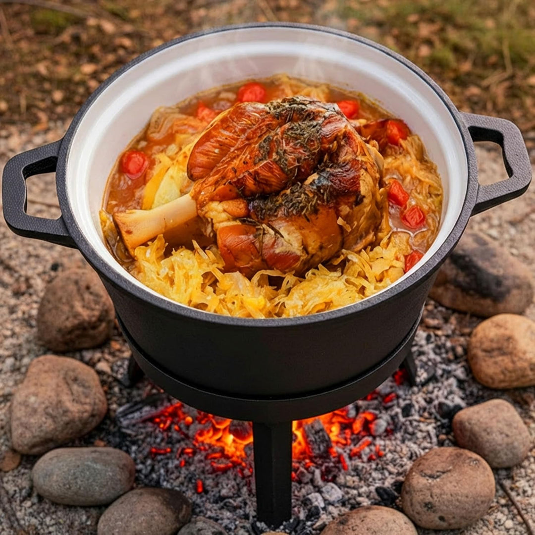 Berdsen Gusseisen Topf 8 L Dutch Oven - Emailierter Feuertopf für Lagerfeuer und Grill - 2-in-1 Deck