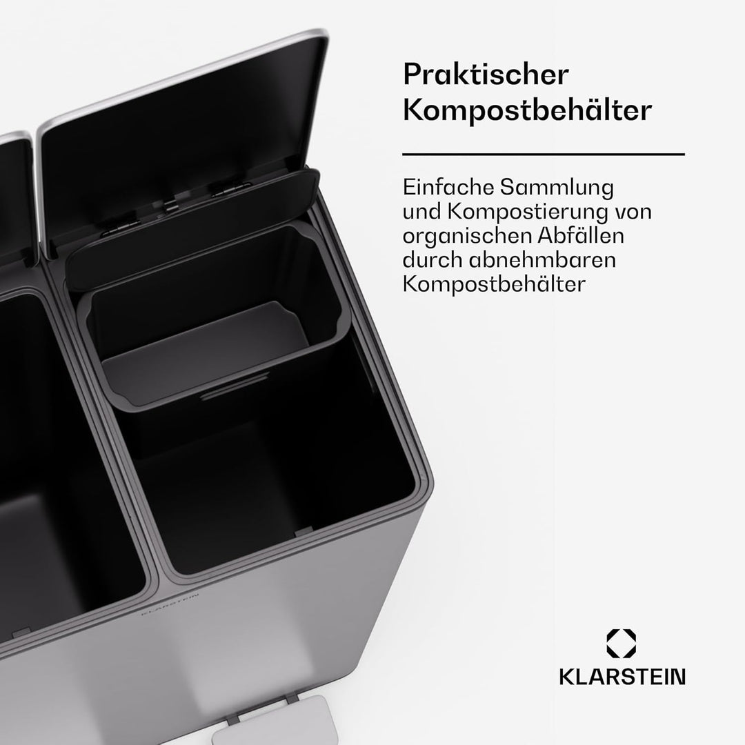 Klarstein EcoVista Mülleimer - 60L Abfalleimer mit 2 Fächern & 3L Kompostbehälter, Soft-Close, Edels