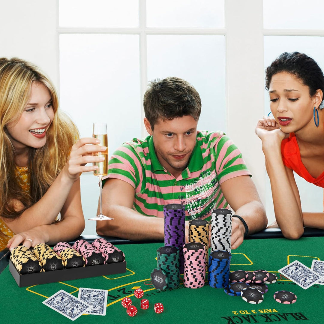 HOMASIS Pokerset Profi Deluxe 300/600 Laserchips, Alu Pokerkoffer mit 2/6 Kartendecks, 5 Würfeln, 3