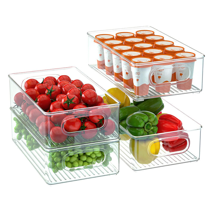 FINEW Kühlschrank Organizer 4er Set, Grosse Speisekammer Vorratsschrank mit Griff, Durchsichtig Boxe