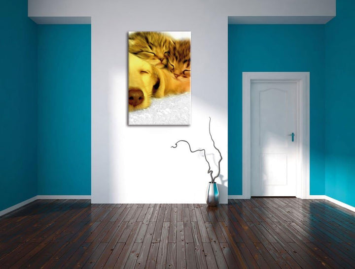 Pixxprint niedlicher Welpe kuschelt mit süssen Kätzchen, Format: 80x120 auf hochkantiges Leinwand, X