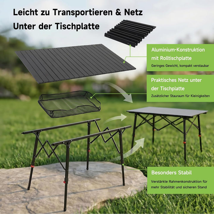 HAUSPROFI Campingtisch Klappbar Aluminium Höhenverstellbar 120x70cm | Falttisch mit Tragetasche &amp; Ne