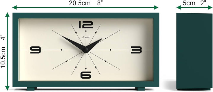 JONES CLOCKS® Schreibtischuhr 'Odeon' – modernes rechteckiges Design in Grün, stilvoller Retro-Look