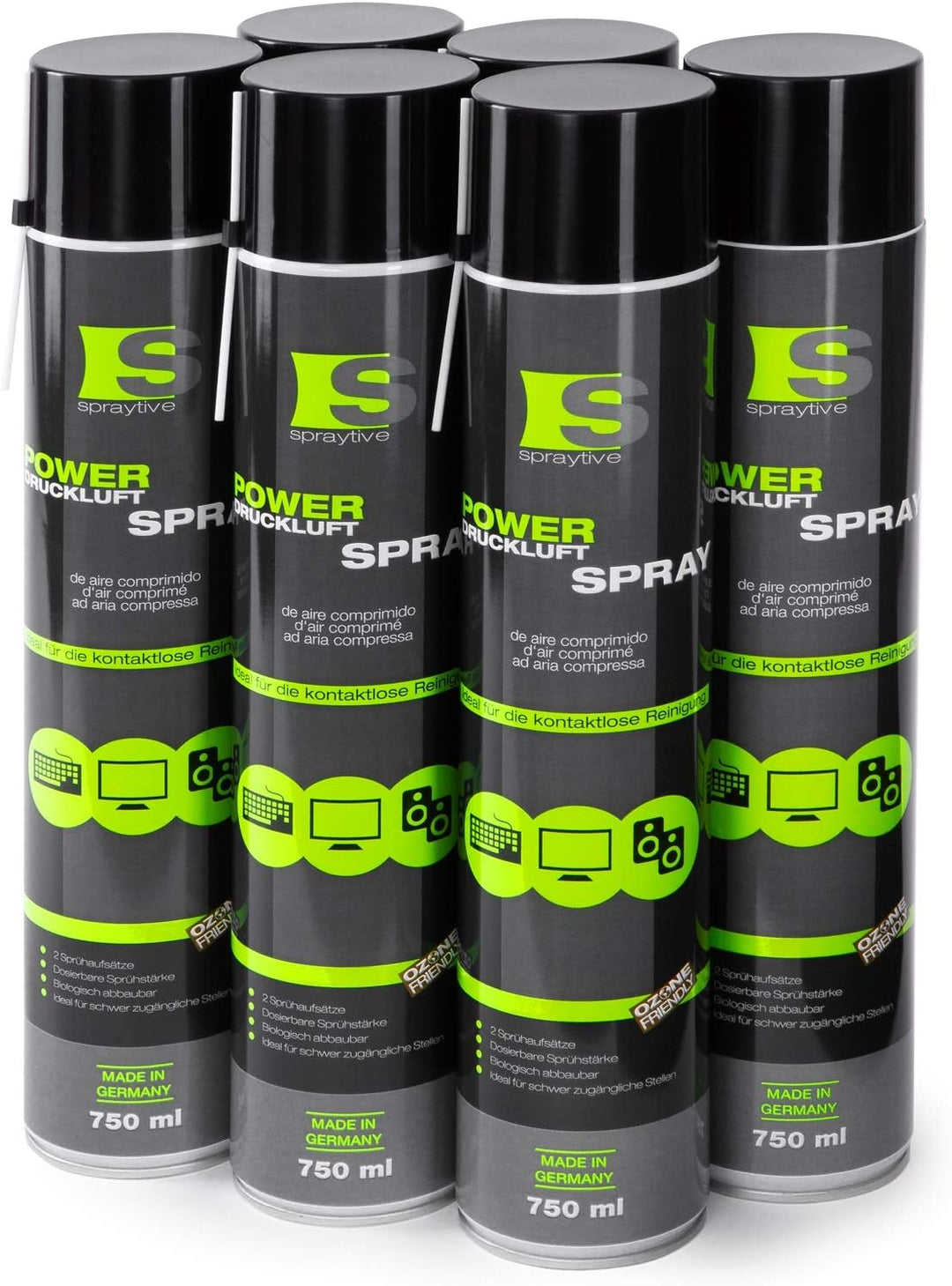 6 x 750ml Spraytive Power Druckluftspray/Druckluftreiniger mit 100mm Sprühverlängerung - PC Reinigun
