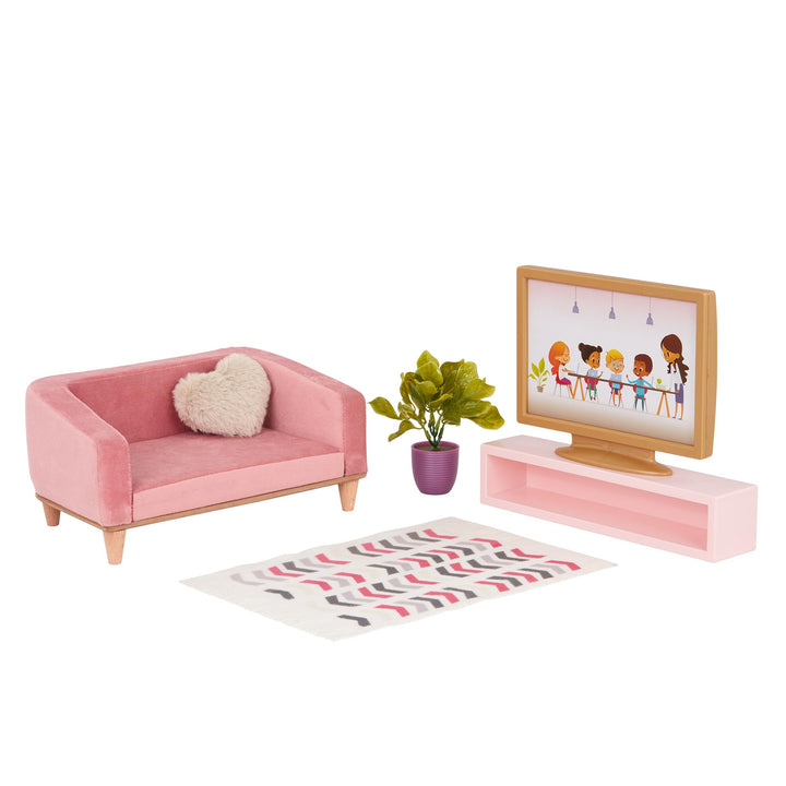 Our Generation – OG Lovely Wohnzimmerset – Puppenhausmöbel – Couch, Teppich & TV-Gerät – 46 cm Puppe
