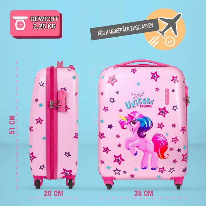 PERLETTI Einhorn Kinderkoffer Rosa - Kinder Trolley Handgepäck Leicht 4 Rollen und Zahlenschloss - H