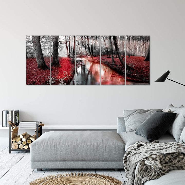 Runa Art Wandbild XXL Wald Landschaft Schlafzimmer Wohnzimmer 200 x 80 cm Rot 5 Teilig - Made in Ger