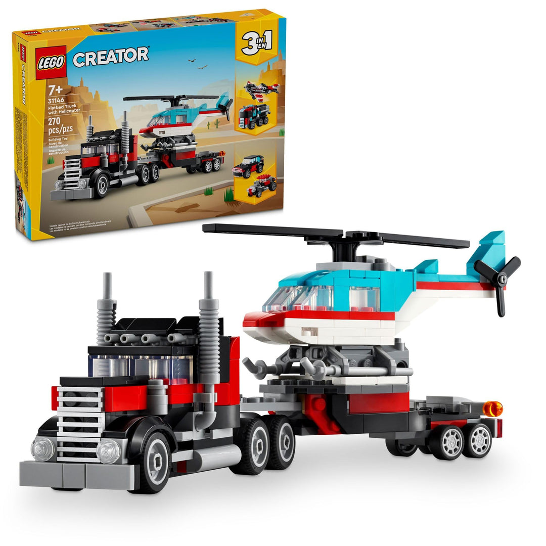 LEGO Creator 31146 3 in 1 Pritschenwagen mit Hubschrauber-Spielzeug, verwandelt sich vom Pritschenwa