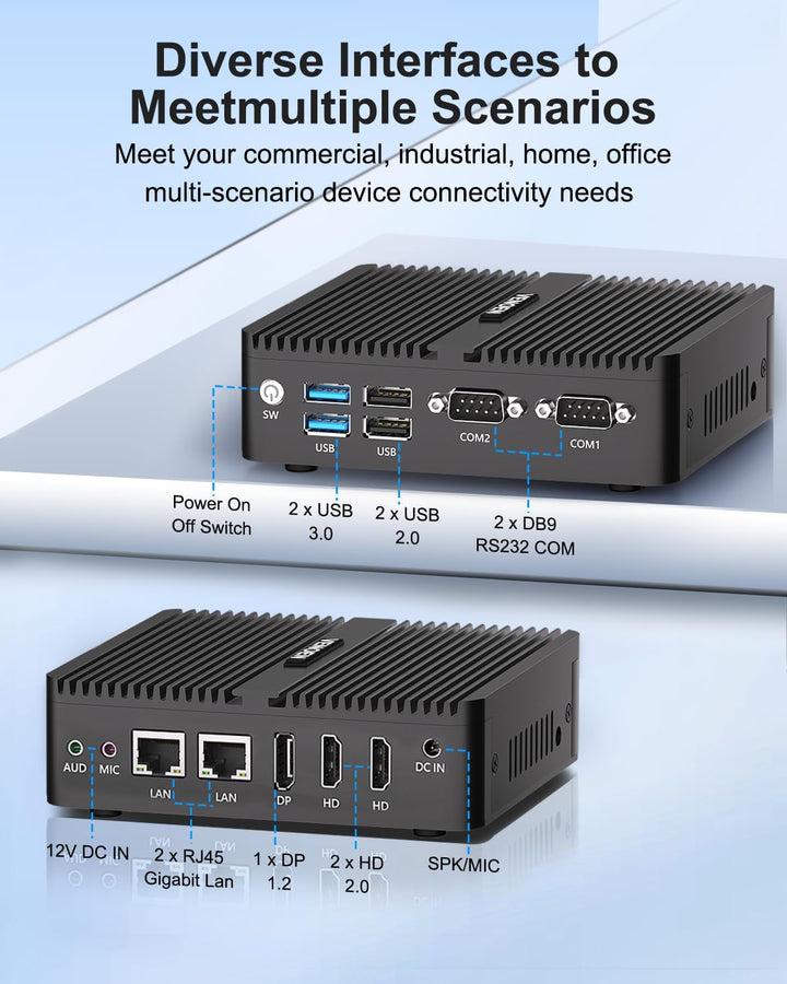 Lüfterloser Mini PC N100, Fanless PC Win 11 Pro, Alder Lake, 4K Dual HD, DP, 2xCOM, USB3.0, RJ45 Lan