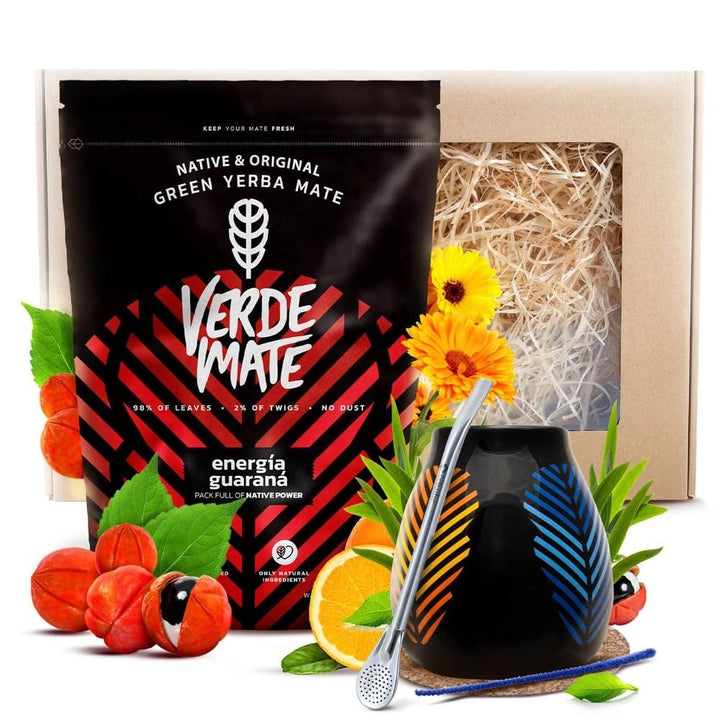 Mate Tee Set Verde Mate Energia Guarana 400g - Geschenkset mit Mate Becher 350ml, Bombilla und Zubeh