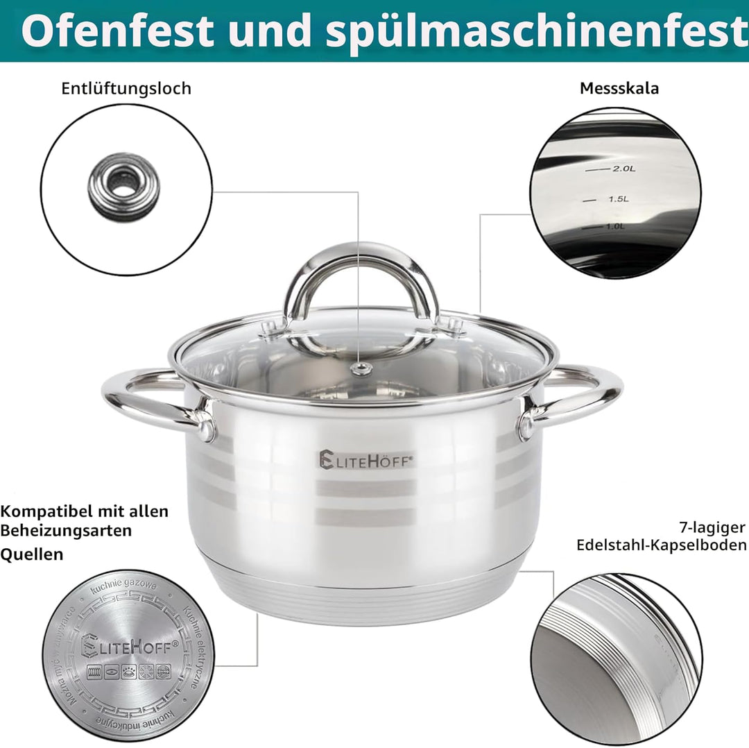 EliteHoff Topfset Induktion 6-teilig, Kochtopf Set mit Glasdeckel, 7-lagiger Edelstahl Topf Set Indu