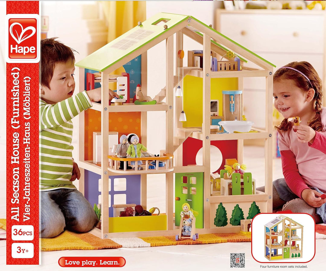 Hape Vier-Jahreszeiten Puppenhaus aus Holz von Hape | Preisgekröntes dreistöckiges Puppenhaus mit Mo