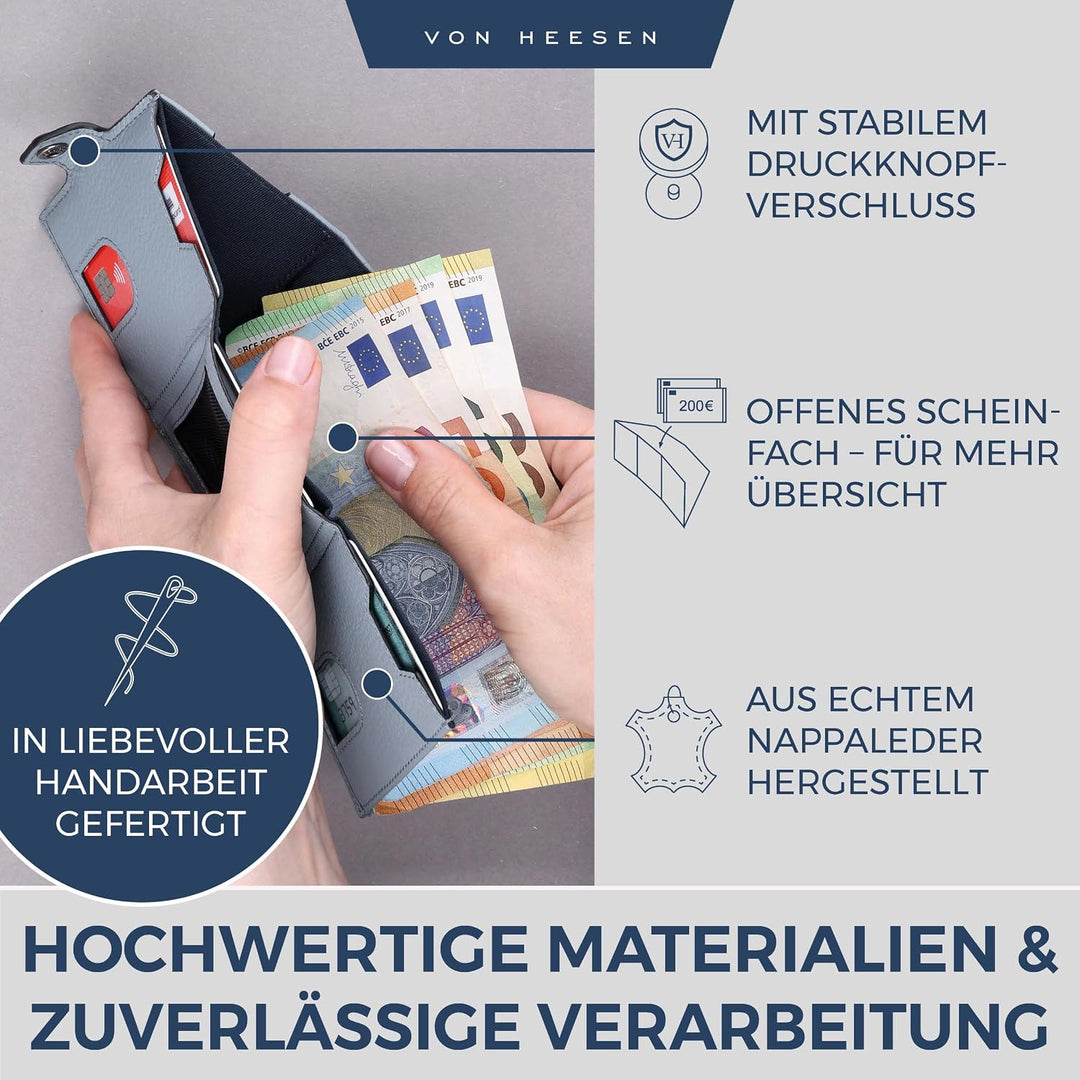 VON HEESEN Slim Wallet mit XXL Münzfach &amp; RFID-Schutz - Leder Geldbeutel - Mini Geldbörse für Herren