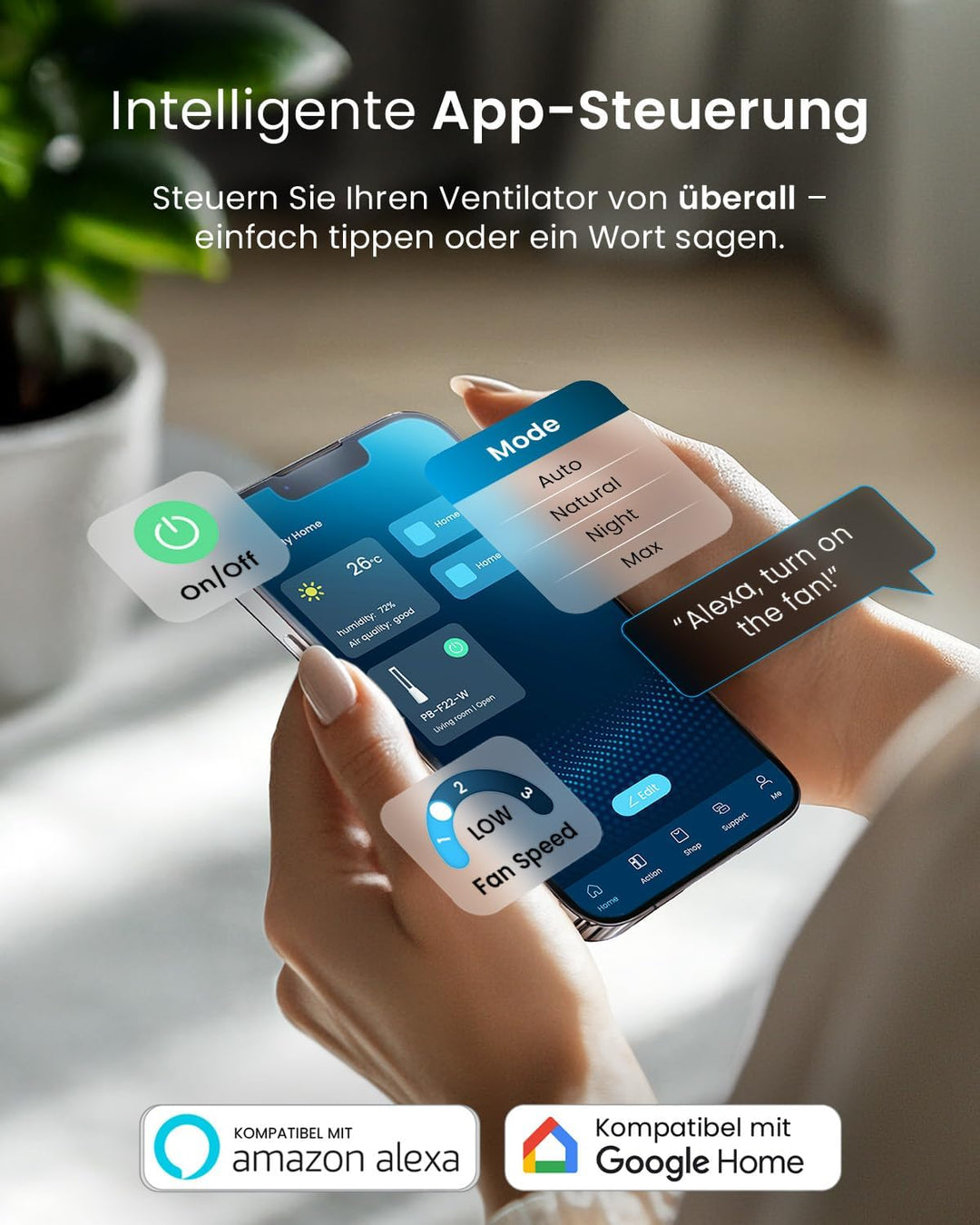 Pro Breeze OmniAir 105cm rotorloser Ventilator mit Luftreiniger - Smart Home Ventilator, WLAN, App,