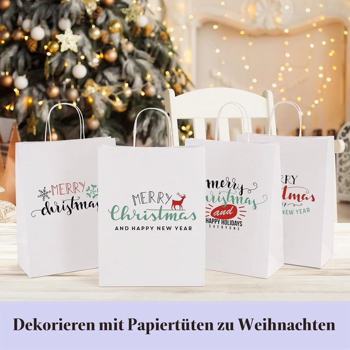 Switory 50 Stück Kraft Papiertüte mit Griffen, weisse Papiertüten mit Henkel, Geschenktüten für Part